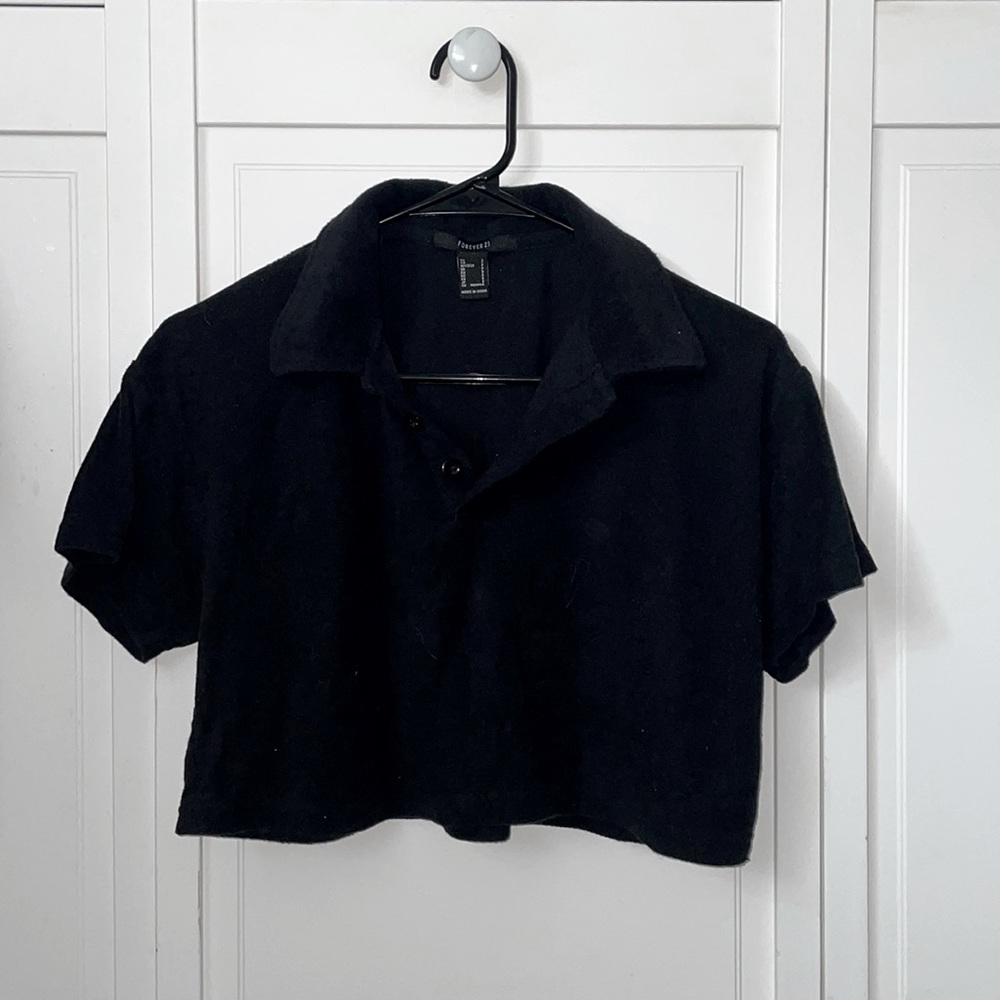 Black cropped Terry cloth collared shirt